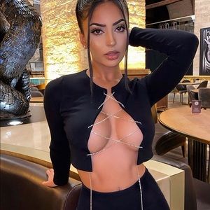 Fashion Nova: Black Rhinestone Laced Cropped Top